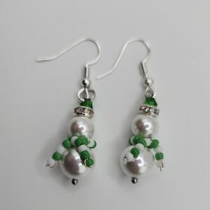 Handmade Snowman Earrings with Pearls, Green Beads, and Crystals
